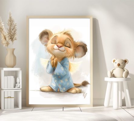 Adorable Guardian Angel Lion, Baby Animal Wall Art, Nursery Canvas Print, Kids Room Decor, Baby Shower Gift