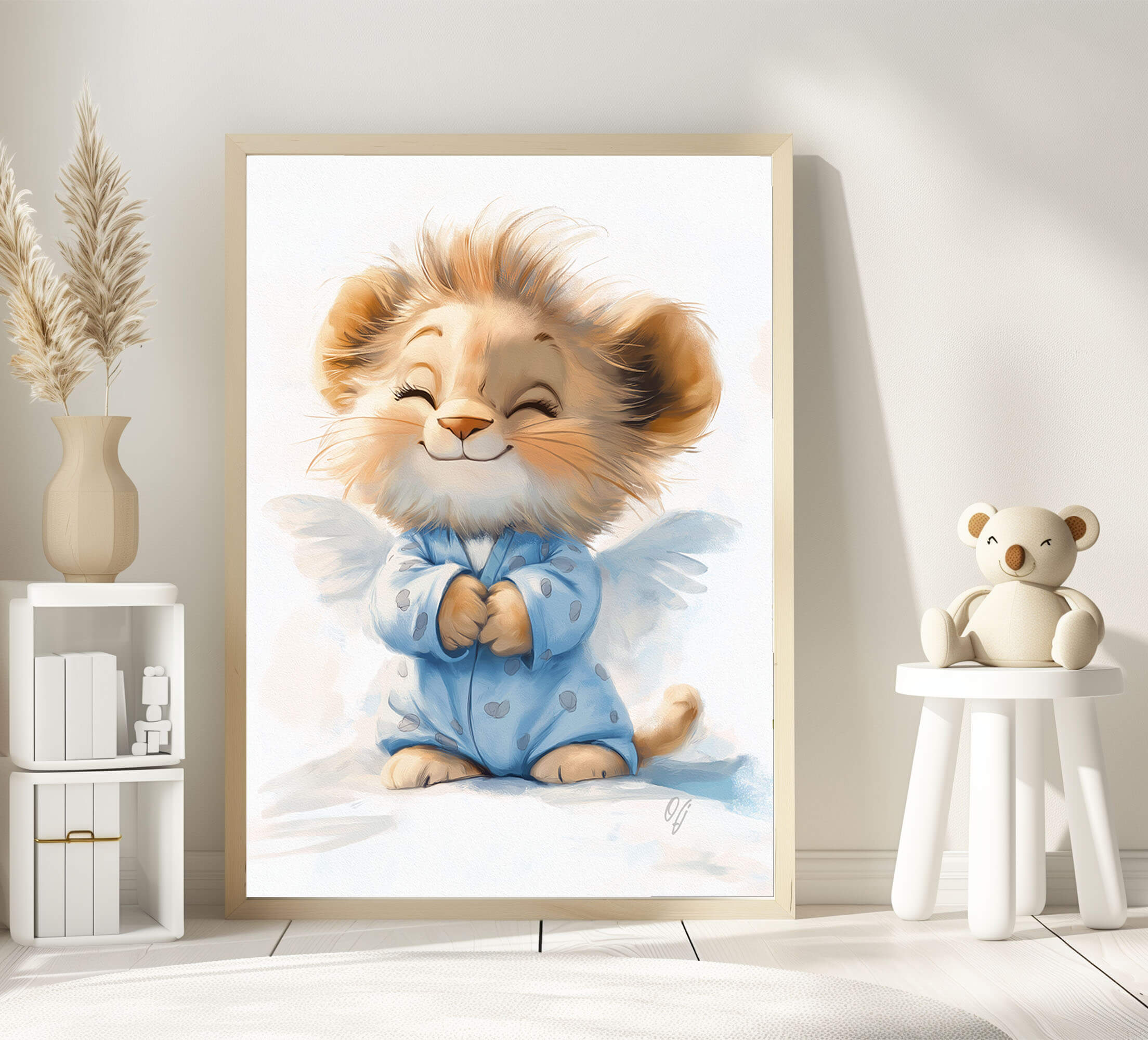 Cute Guardian Angel Little Lion, Wall Decor for Kids, Baby Animal Nursery Print, Canvas Art for Children’s Room, Baby Shower Gift, Playroom