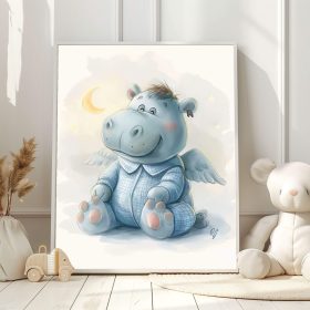 Charming Guardian Angel Hippo, Baby Animal Wall Art, Nursery Canvas Print, Kids Room Decor, Baby Shower Gift