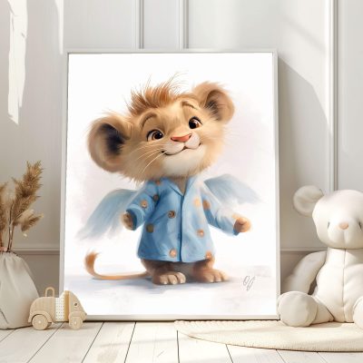 Guardian Angel Lion Wall Art, Cute Baby Animal Canvas Print, Nursery Decor for Kids, Baby Shower Gift