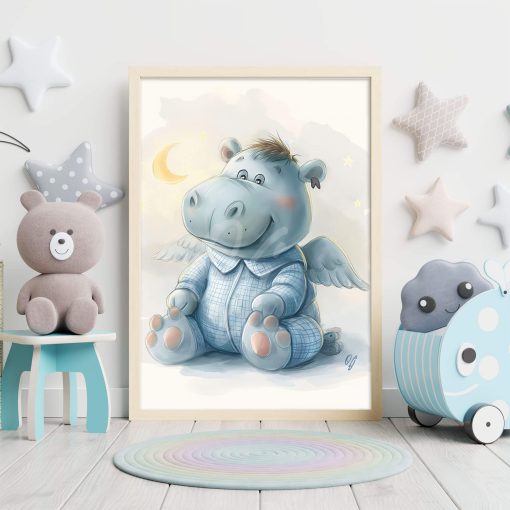 Charming Guardian Angel Hippo, Baby Animal Wall Art, Nursery Canvas Print, Kids Room Decor, Baby Shower Gift - Image 3
