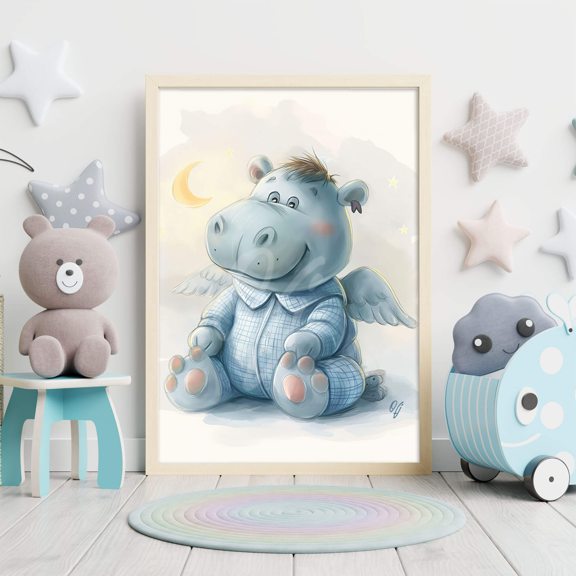 Charming Guardian Angel Hippo, Baby Animal Wall Art, Nursery Canvas Print, Kids Room Decor, Baby Shower Gift - Image 3