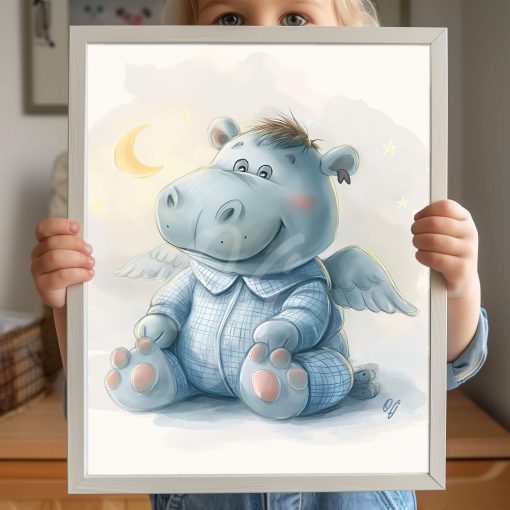 Charming Guardian Angel Hippo, Baby Animal Wall Art, Nursery Canvas Print, Kids Room Decor, Baby Shower Gift - Image 2