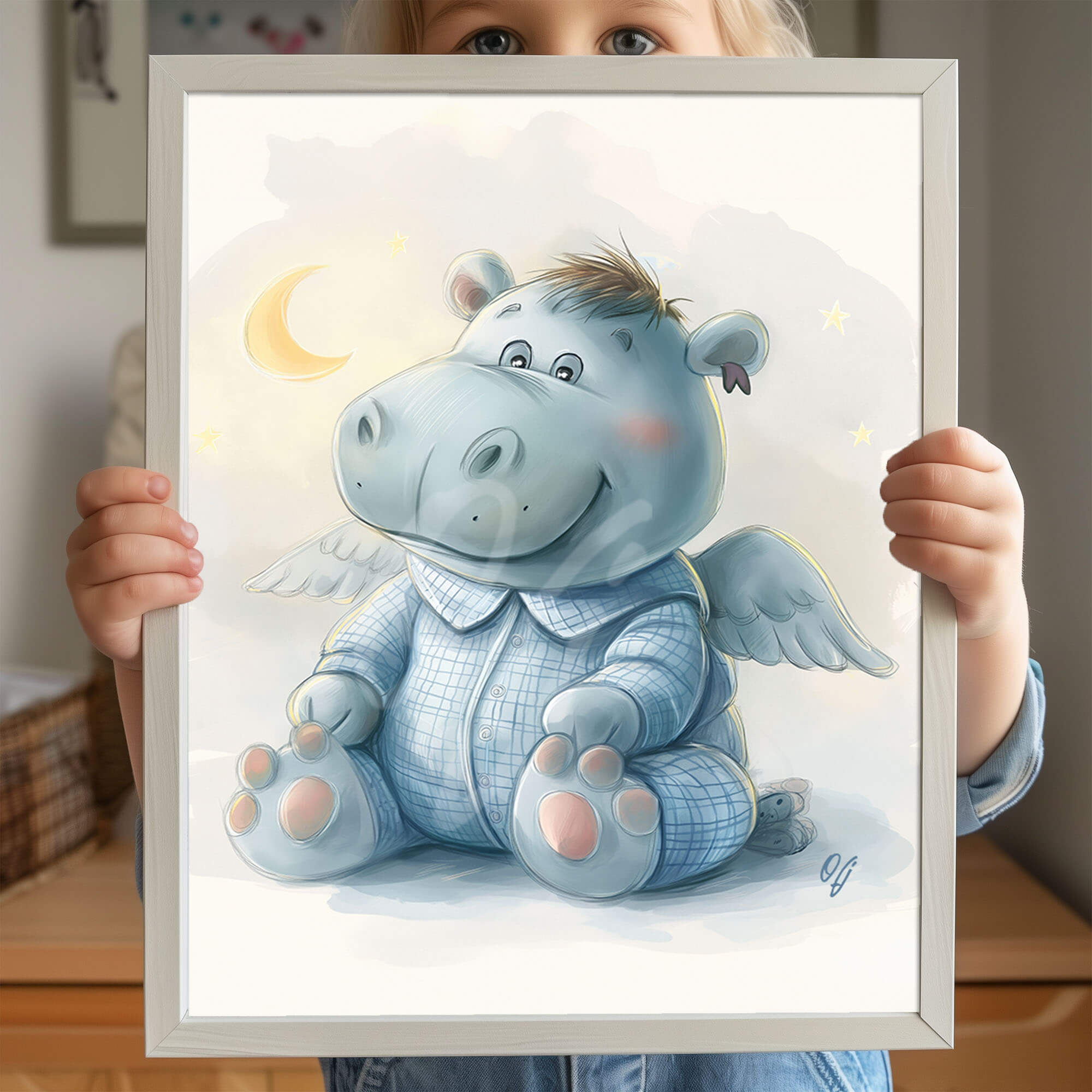 Charming Guardian Angel Hippo, Baby Animal Wall Art, Nursery Canvas Print, Kids Room Decor, Baby Shower Gift - Image 2