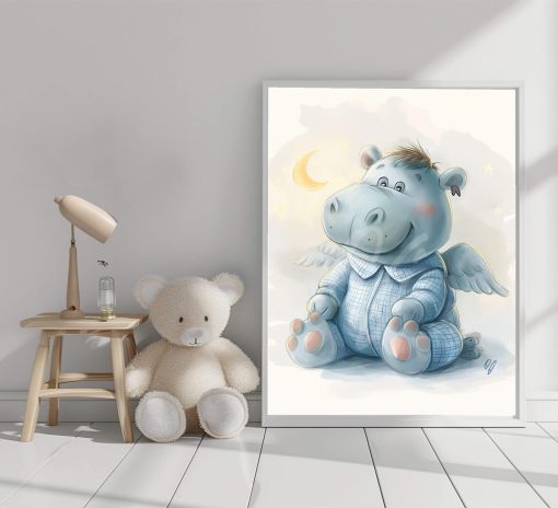 Charming Guardian Angel Hippo, Baby Animal Wall Art, Nursery Canvas Print, Kids Room Decor, Baby Shower Gift - Image 4