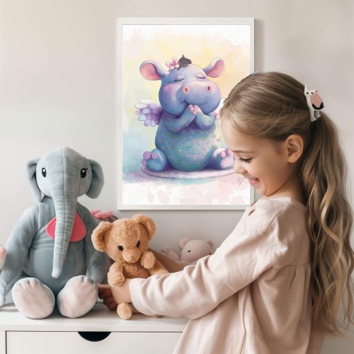 Guardian Angel Hippo Wall Art for Girls, Adorable Baby Animal Canvas Print, Nursery Decor for Kids, Baby Shower Gift - Image 5