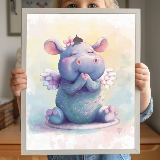 Guardian Angel Hippo Wall Art for Girls, Adorable Baby Animal Canvas Print, Nursery Decor for Kids, Baby Shower Gift - Image 2