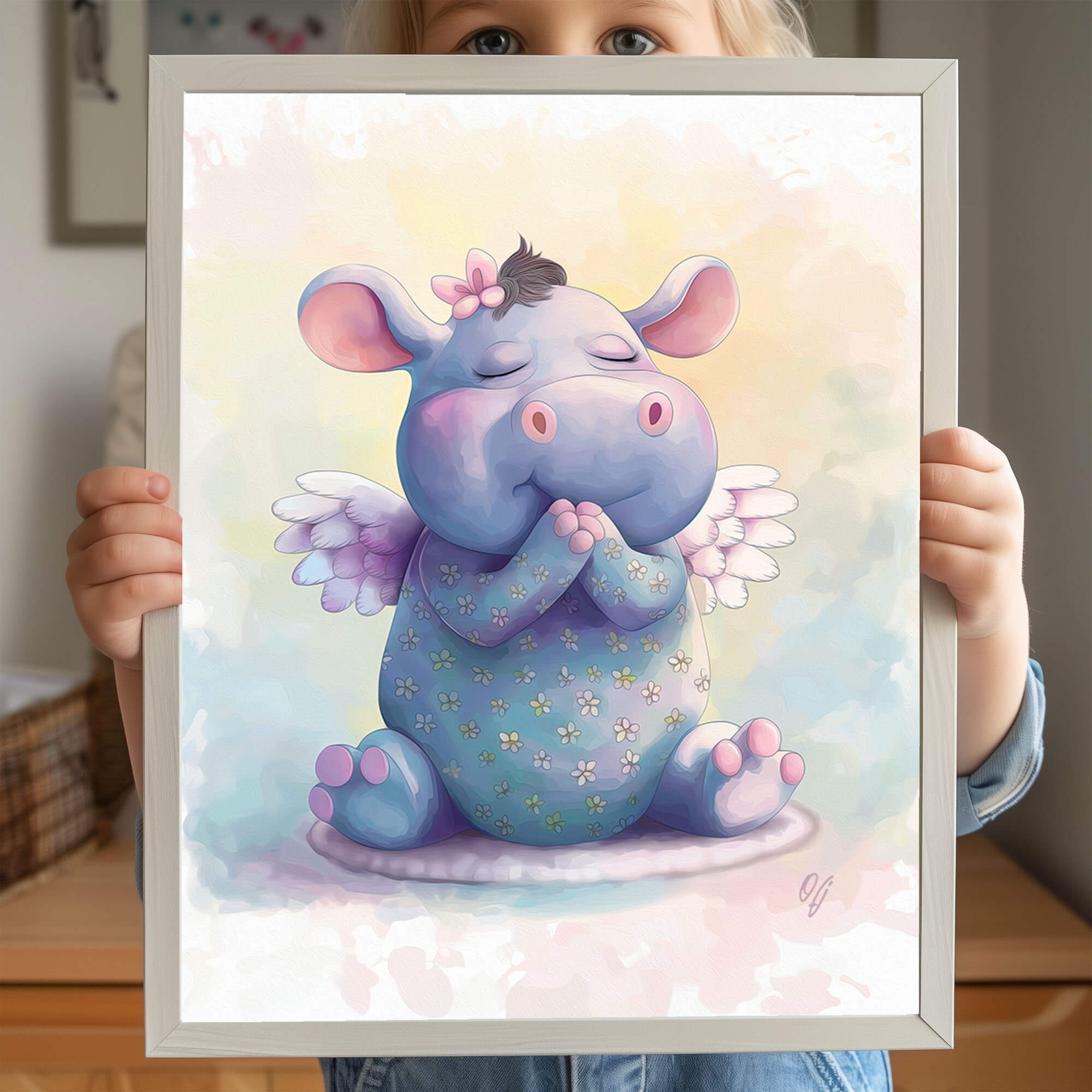 Guardian Angel Hippo Wall Art for Girls, Adorable Baby Animal Canvas Print, Nursery Decor for Kids, Baby Shower Gift - Image 2