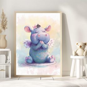 Guardian Angel Hippo Wall Art for Girls, Adorable Baby Animal Canvas Print, Nursery Decor for Kids, Baby Shower Gift