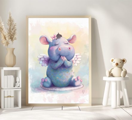 Guardian Angel Hippo Wall Art for Girls, Adorable Baby Animal Canvas Print, Nursery Decor for Kids, Baby Shower Gift