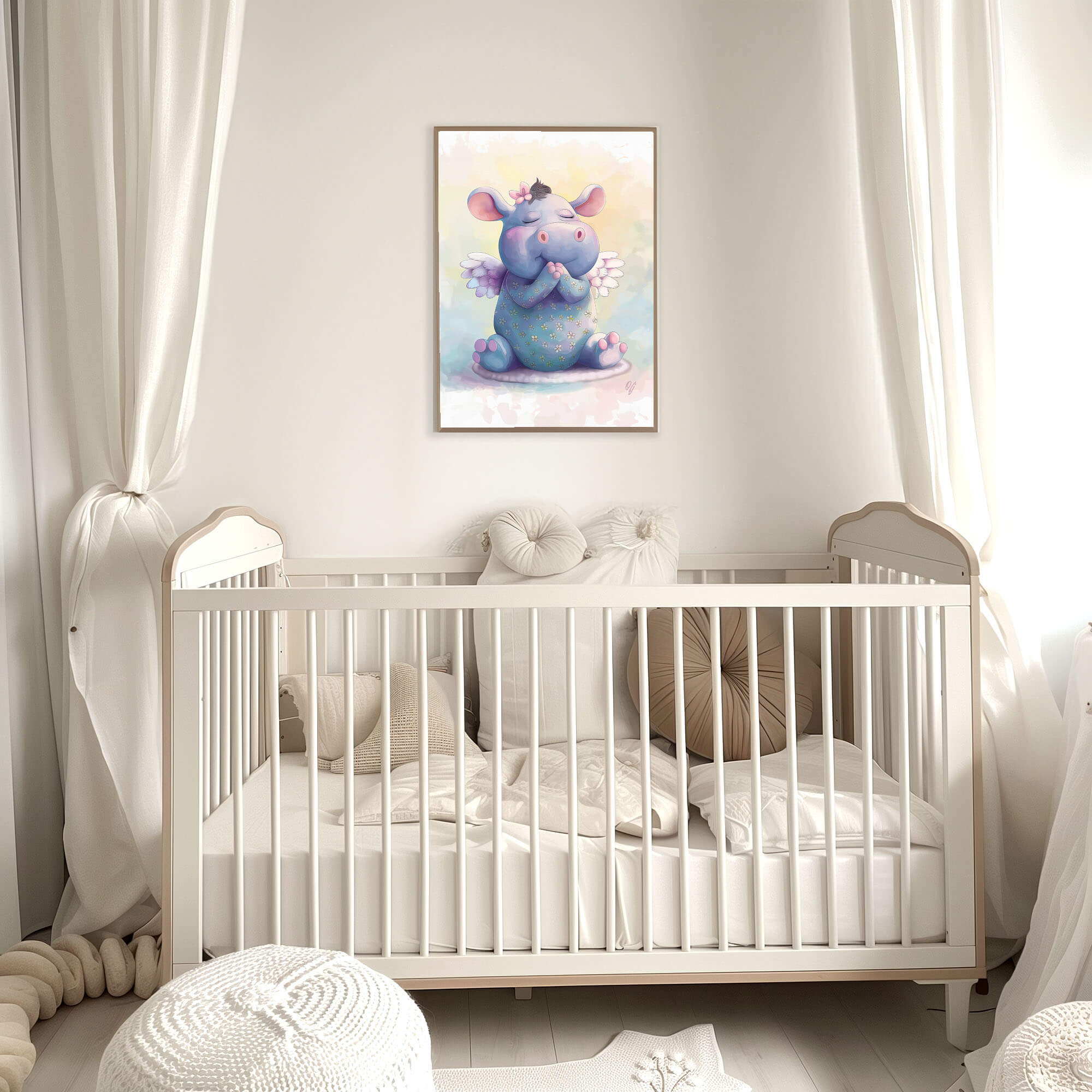 Guardian Angel Hippo Wall Art for Girls, Adorable Baby Animal Canvas Print, Nursery Decor for Kids, Baby Shower Gift - Image 6