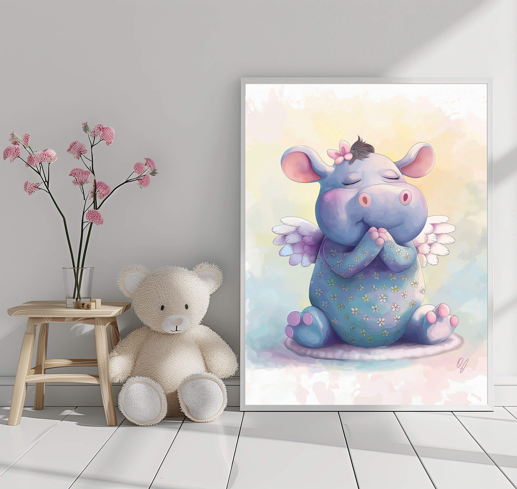 Guardian Angel Hippo Wall Art for Girls, Adorable Baby Animal Canvas Print, Nursery Decor for Kids, Baby Shower Gift - Image 4