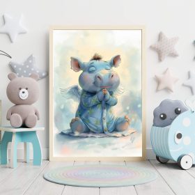 Sweet Guardian Angel Hippo, Baby Animal Wall Art, Nursery Canvas Print, Kids Room Decor, Playroom, Baby Shower Gift