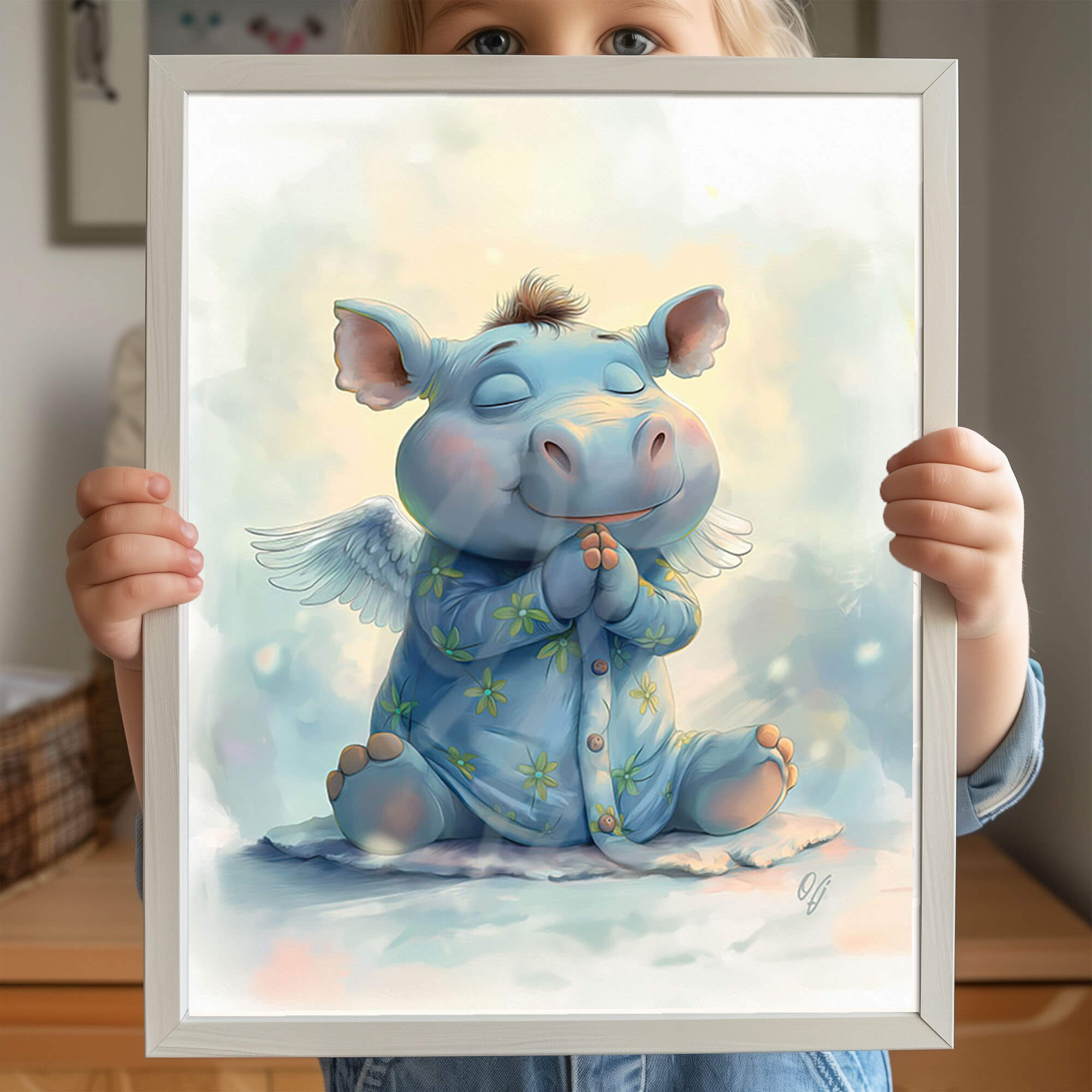 Sweet Guardian Angel Hippo, Baby Animal Wall Art, Nursery Canvas Print, Kids Room Decor, Playroom, Baby Shower Gift - Image 2
