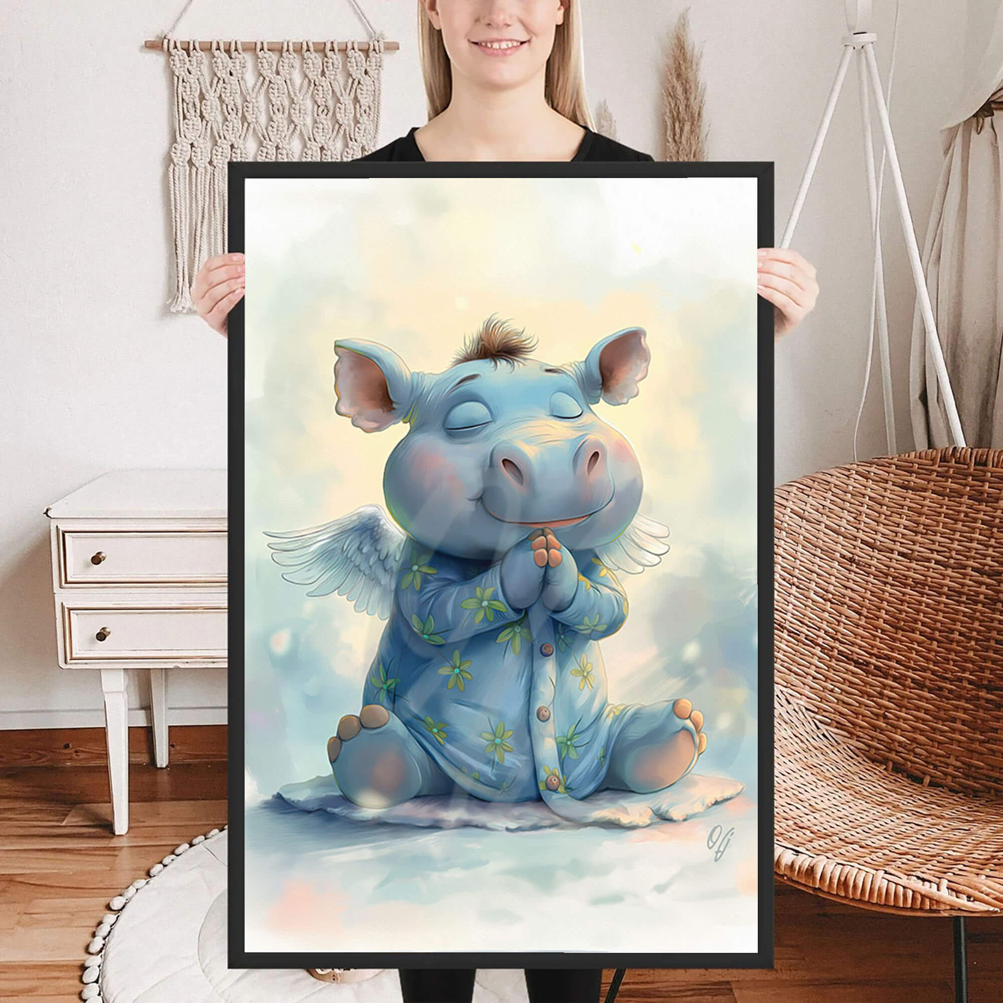 Sweet Guardian Angel Hippo, Baby Animal Wall Art, Nursery Canvas Print, Kids Room Decor, Playroom, Baby Shower Gift - Image 6