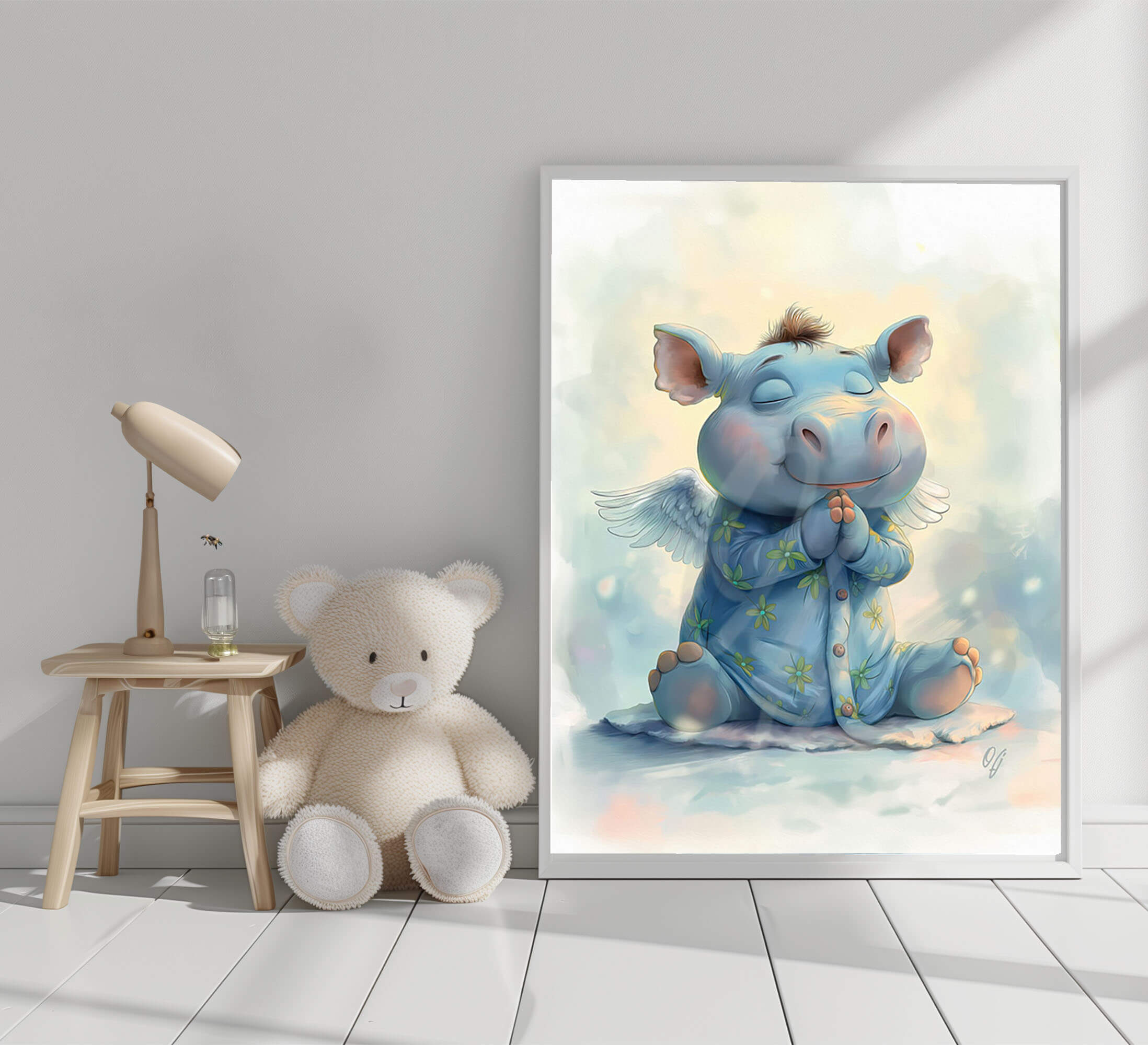 Sweet Guardian Angel Hippo, Baby Animal Wall Art, Nursery Canvas Print, Kids Room Decor, Playroom, Baby Shower Gift - Image 3