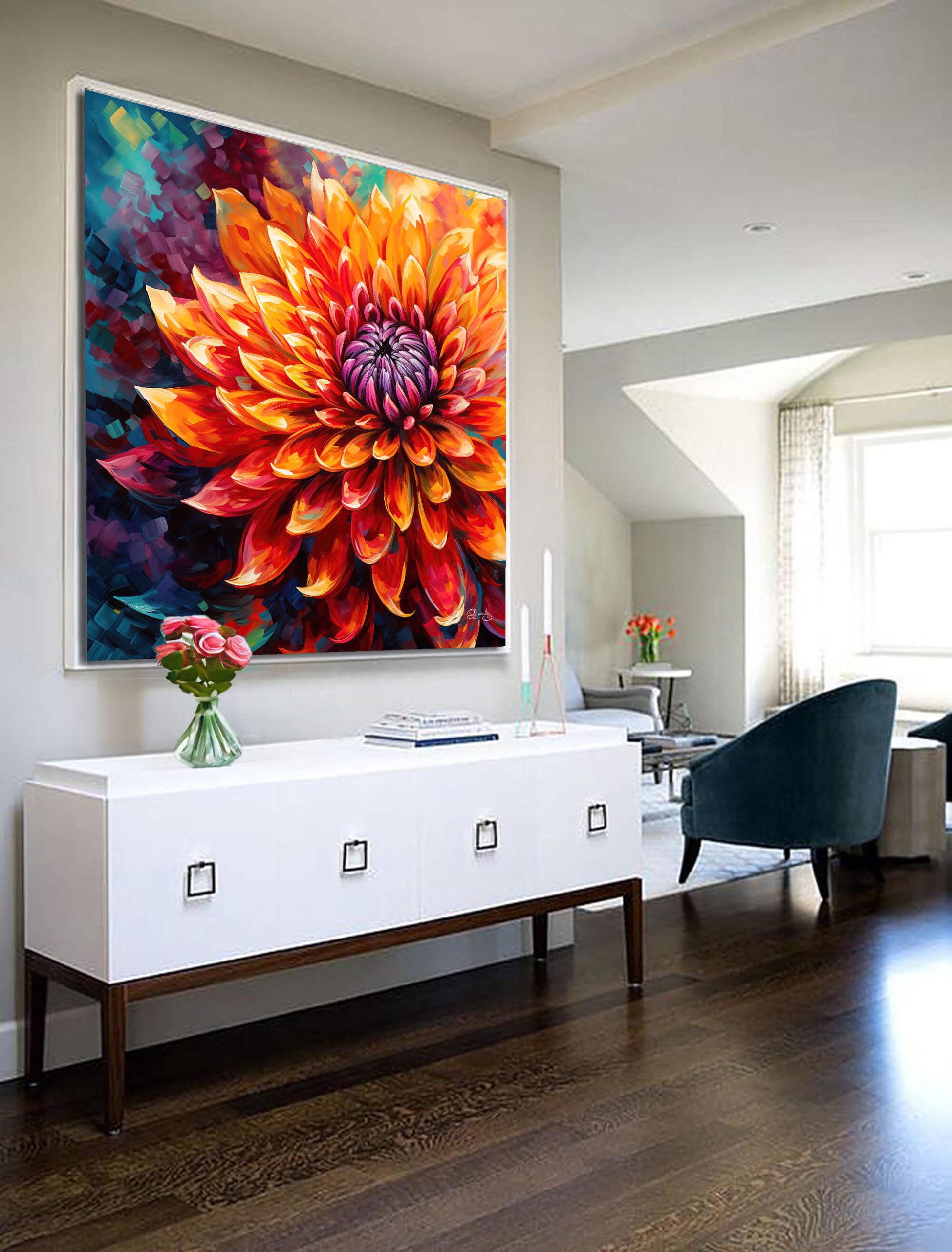 Floral Wall Art Canvas Print - Vibrant Dahlia Painting, Colorful Home Decor & Fine Art Print for Living Room, Floral Art, Dahlia flower art - Image 3