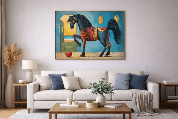 colorful modern horse wall art canvas print above sofa in living room decor