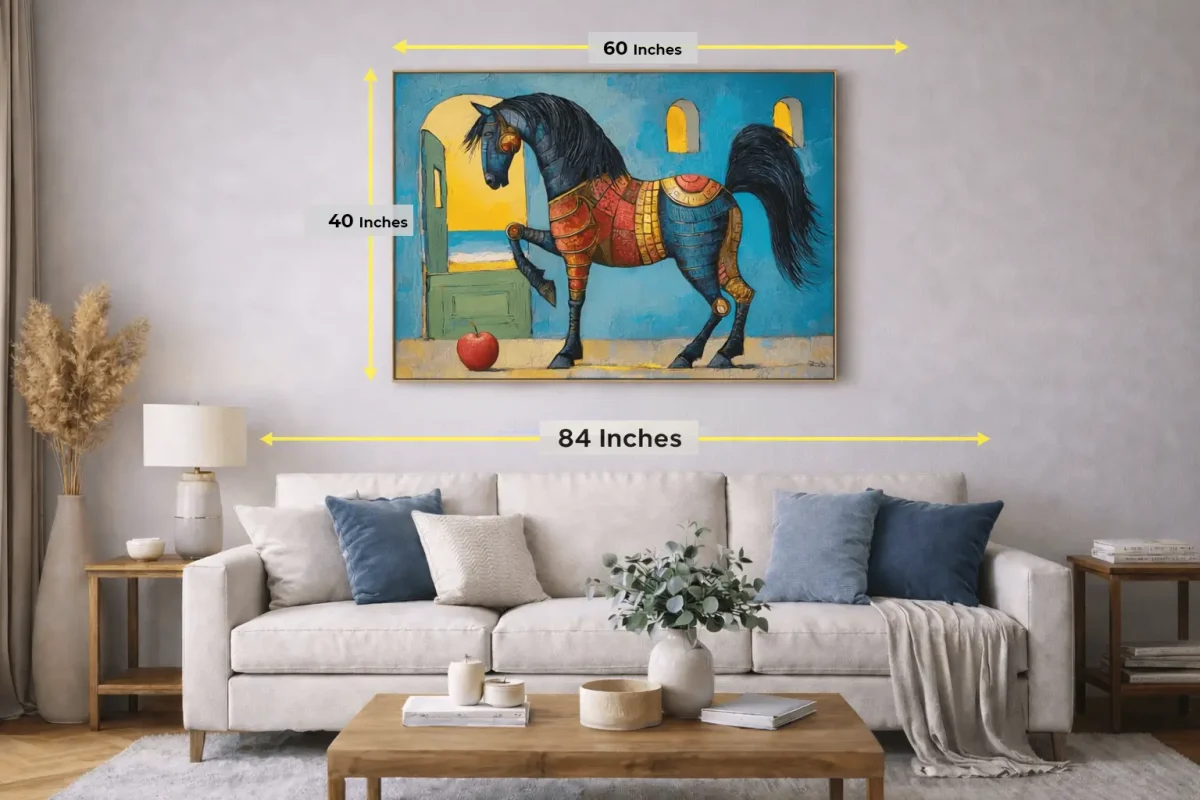 40x60 canvas wall art size guide above 84 inch sofa showing correct proportions for living room decor