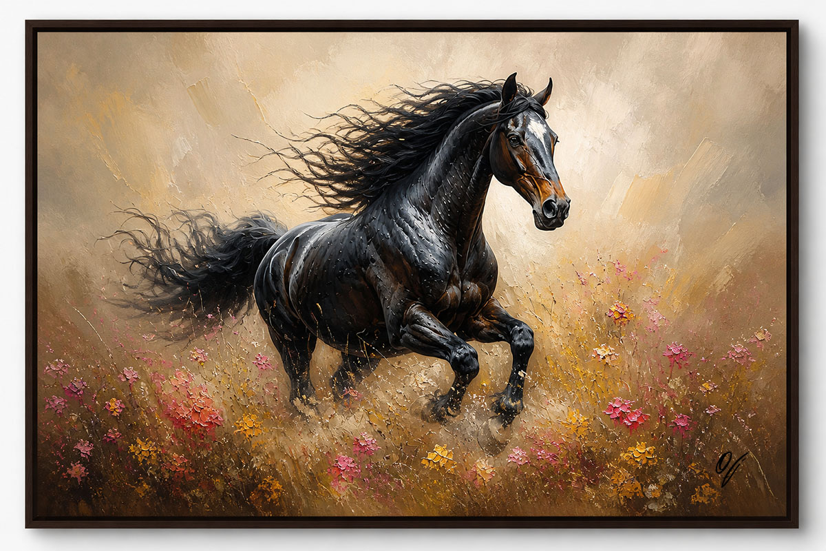 Black horse oil painting on canvas wall art, museum quality fine art print by Fotoleo