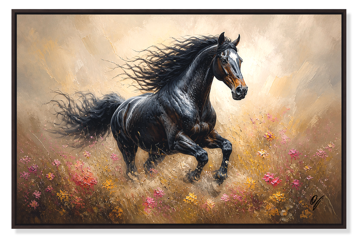 Black horse oil painting on canvas wall art, museum quality fine art print by Fotoleo