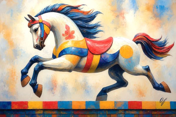 Carnival of Dreams carousel horse fine art canvas print by FOTOLEO, colorful equine artwork inspired by childhood carousel memories.