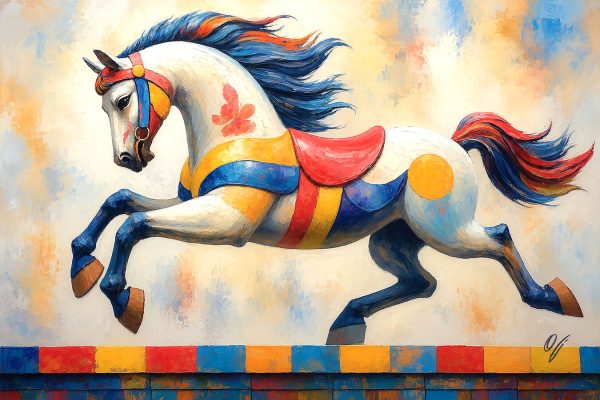 Carnival of Dreams carousel horse fine art canvas print by FOTOLEO, colorful equine artwork inspired by childhood carousel memories.