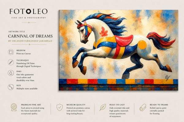 Carnival of Dreams carousel horse fine art canvas print with artwork title and FOTOLEO presentation.