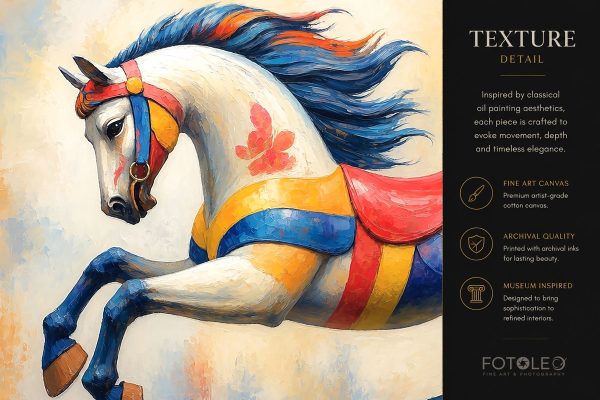 Close-up detail of Carnival of Dreams carousel horse fine art canvas print showing color, texture, and painterly movement.