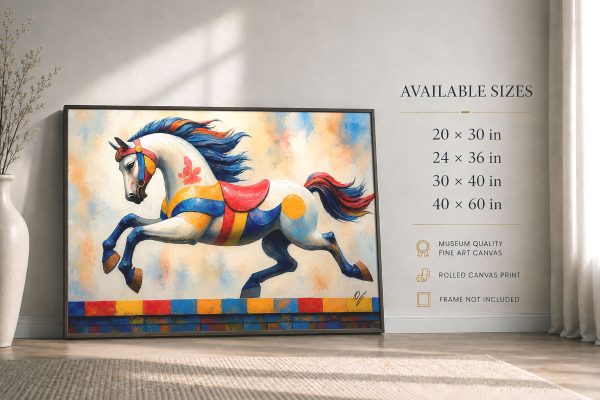 Carnival of Dreams carousel horse fine art canvas print shown with size and scale reference for interior wall decor.