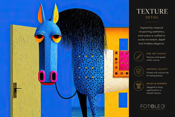 Close-up detail of Beyond the Door modern horse fine art canvas print showing painterly texture, bold color, symbolic elements, and refined equine detail.