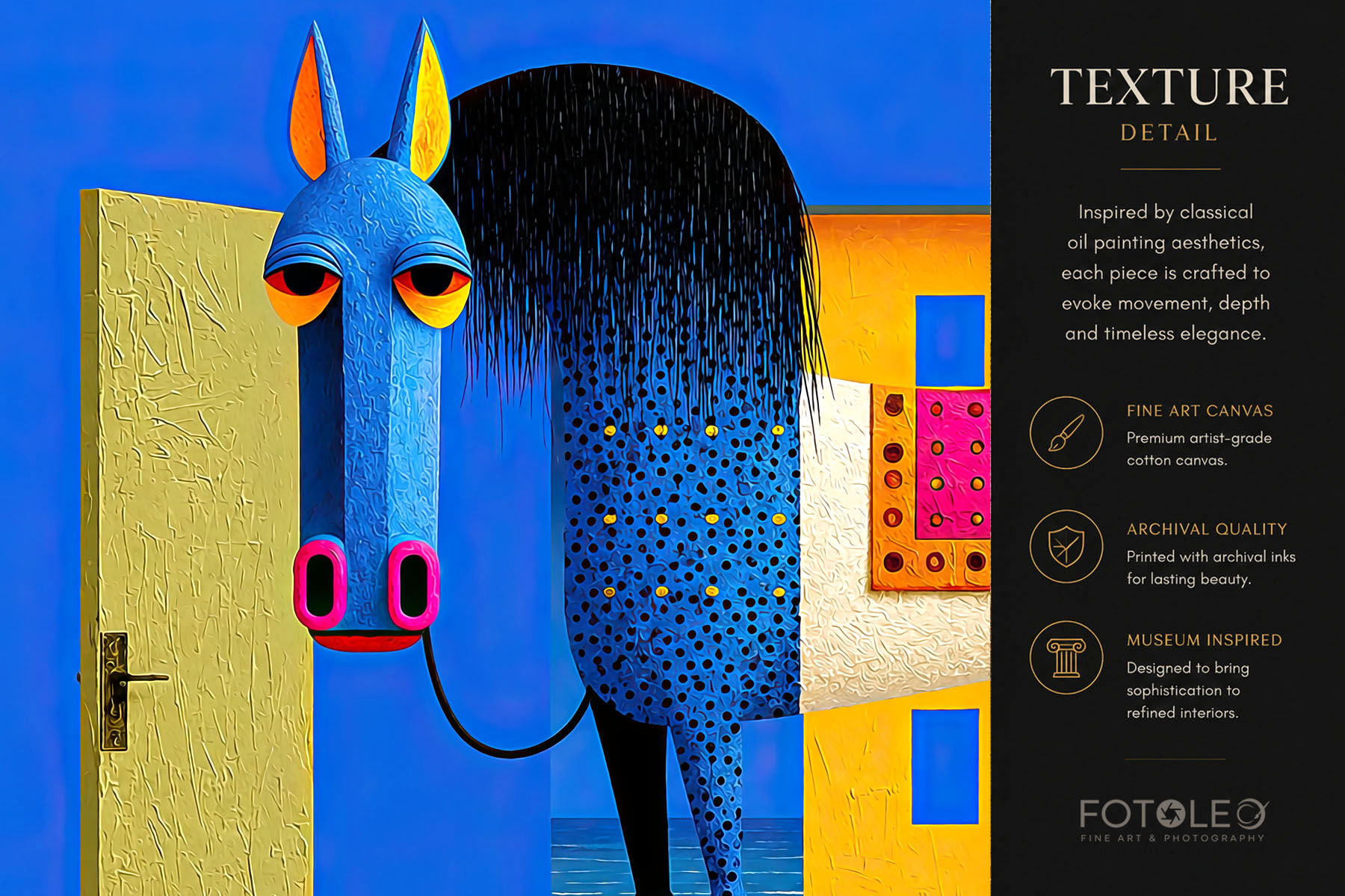 Close-up detail of Beyond the Door modern horse fine art canvas print showing painterly texture, bold color, symbolic elements, and refined equine detail.