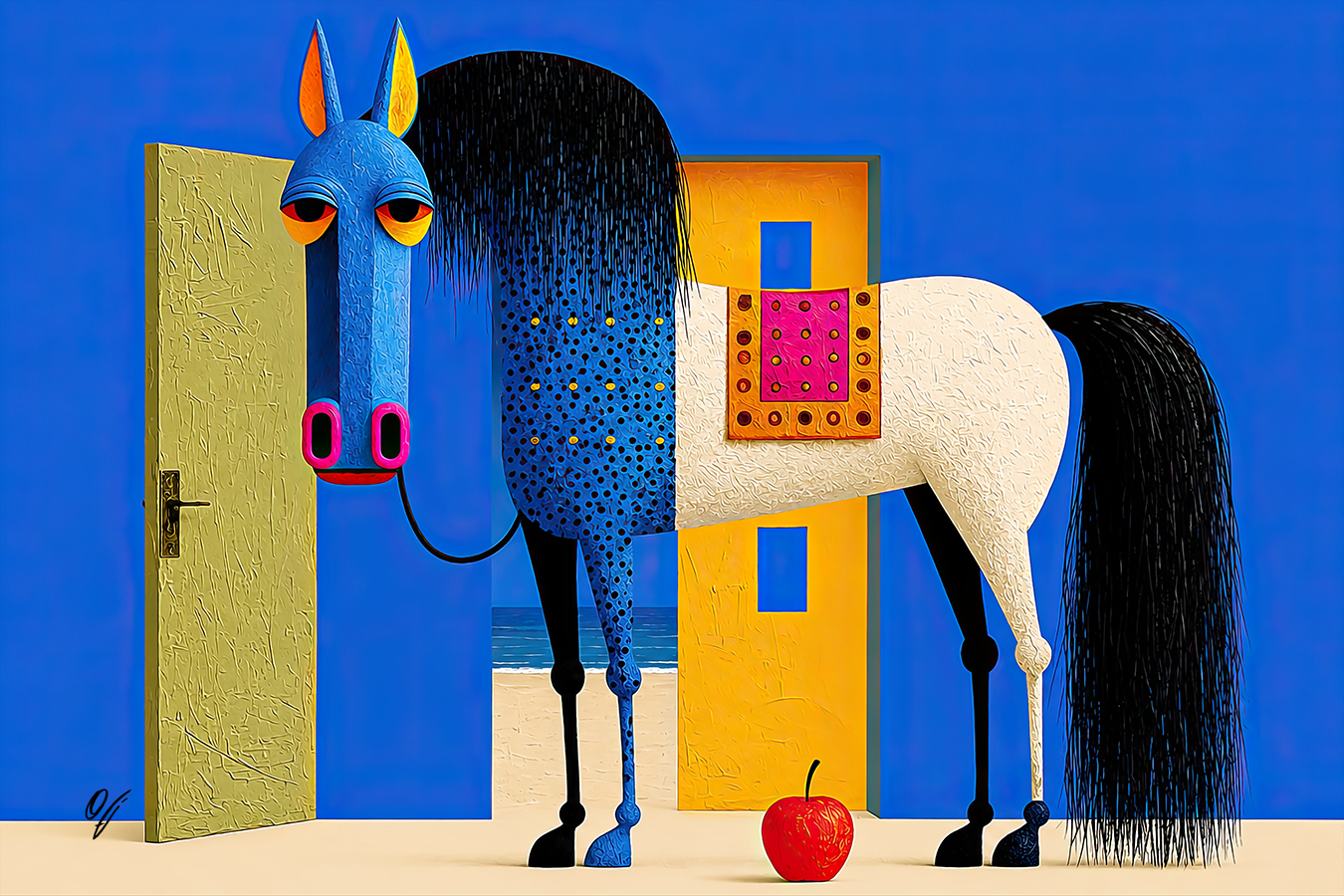 Beyond the Door modern horse fine art canvas print by FOTOLEO, featuring a symbolic horse beside an open door to the ocean with bold color, curiosity, and new horizons.