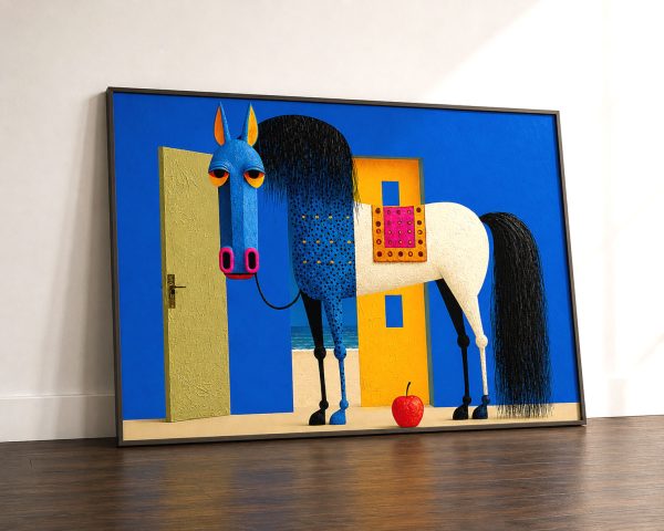 Beyond the Door modern horse fine art canvas print displayed leaning against a white wall in a refined interior floor mockup.