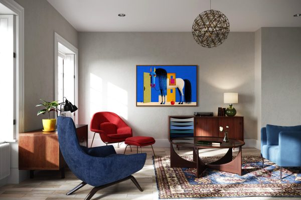 Beyond the Door modern horse fine art canvas print displayed in an elegant modern interior room mockup.