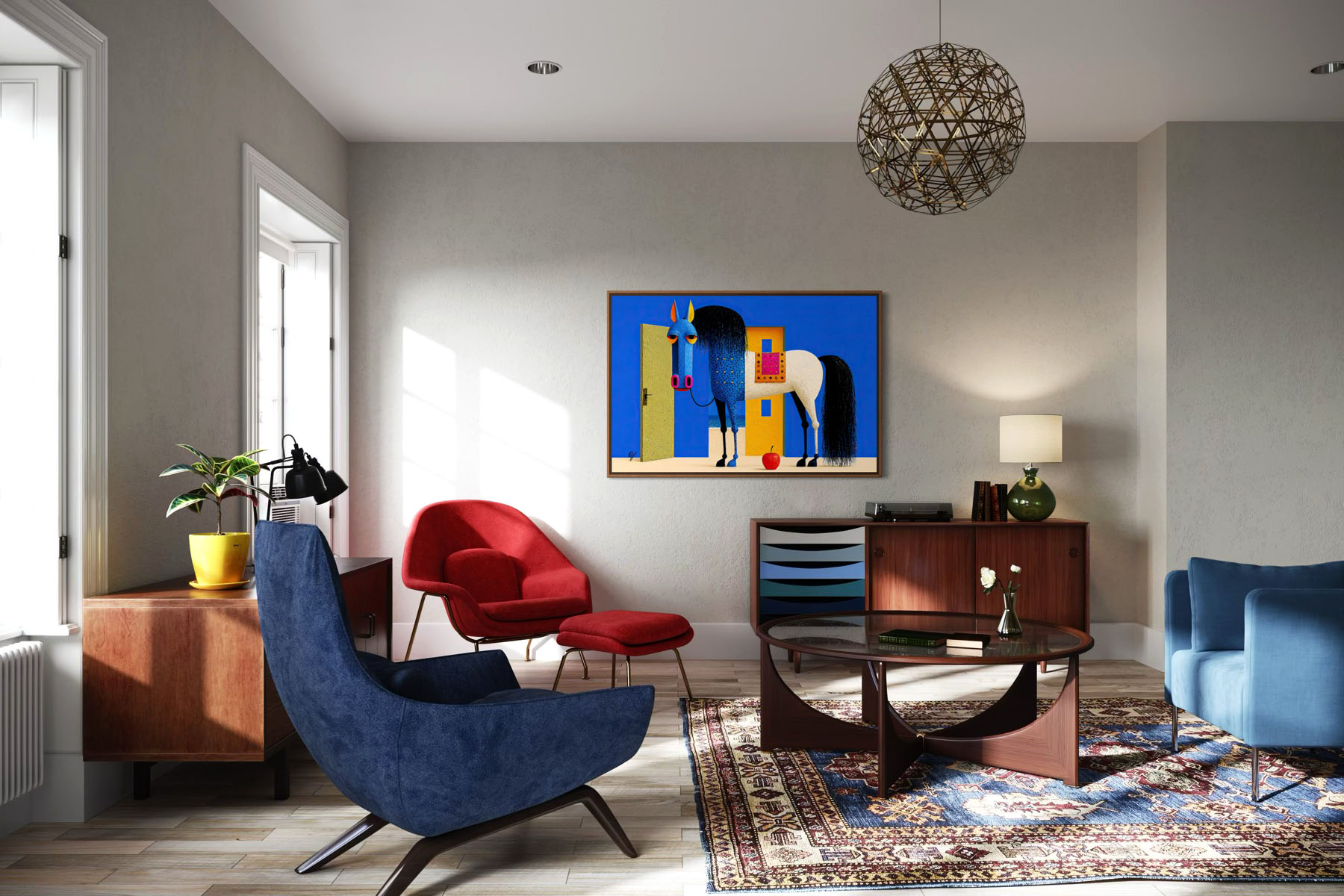 Beyond the Door modern horse fine art canvas print displayed in an elegant modern interior room mockup.