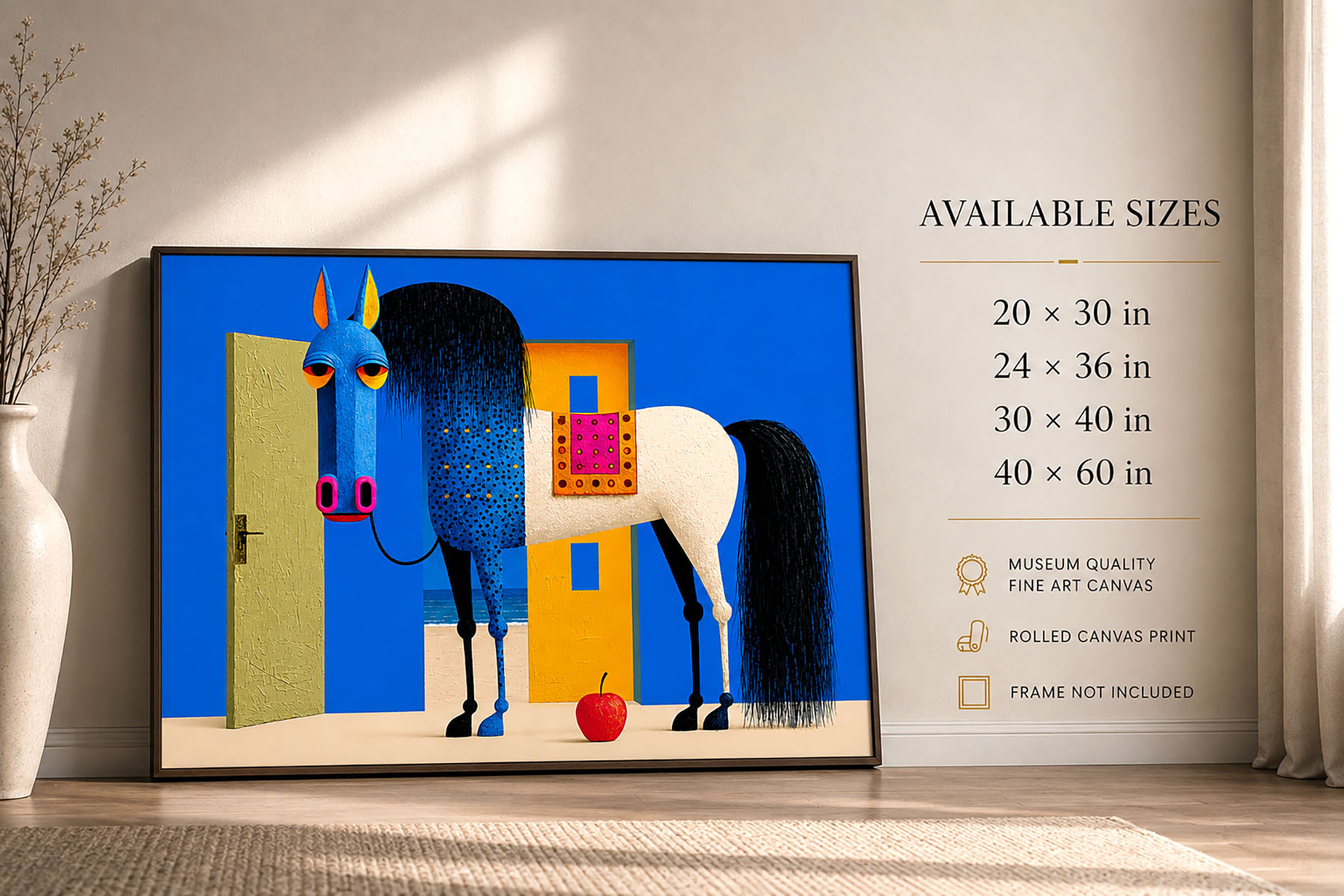 Beyond the Door modern horse fine art canvas print shown with size and scale reference for modern interior wall decor.