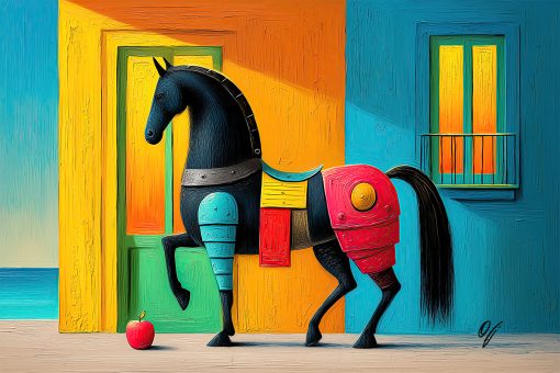 Echoes of Color colorful horse fine art canvas print by FOTOLEO featuring a black horse, vibrant doors, windows, coastal tones, and a red apple.