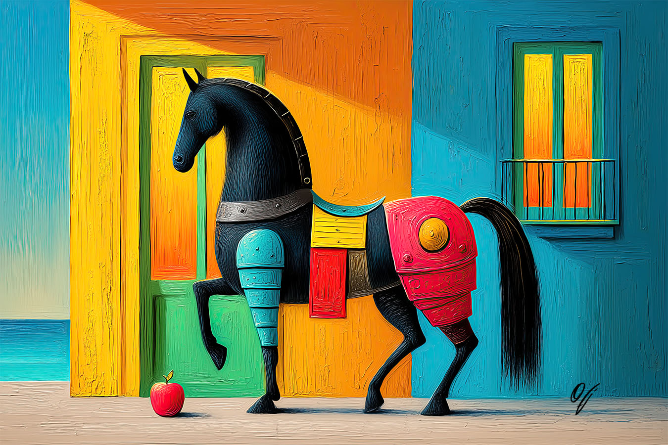 Echoes of Color colorful horse fine art canvas print by FOTOLEO featuring a black horse, vibrant doors, windows, coastal tones, and a red apple.