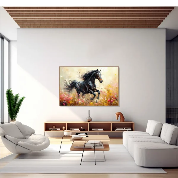 Velvet Thunder black horse fine art canvas print displayed in an elegant interior room mockup.