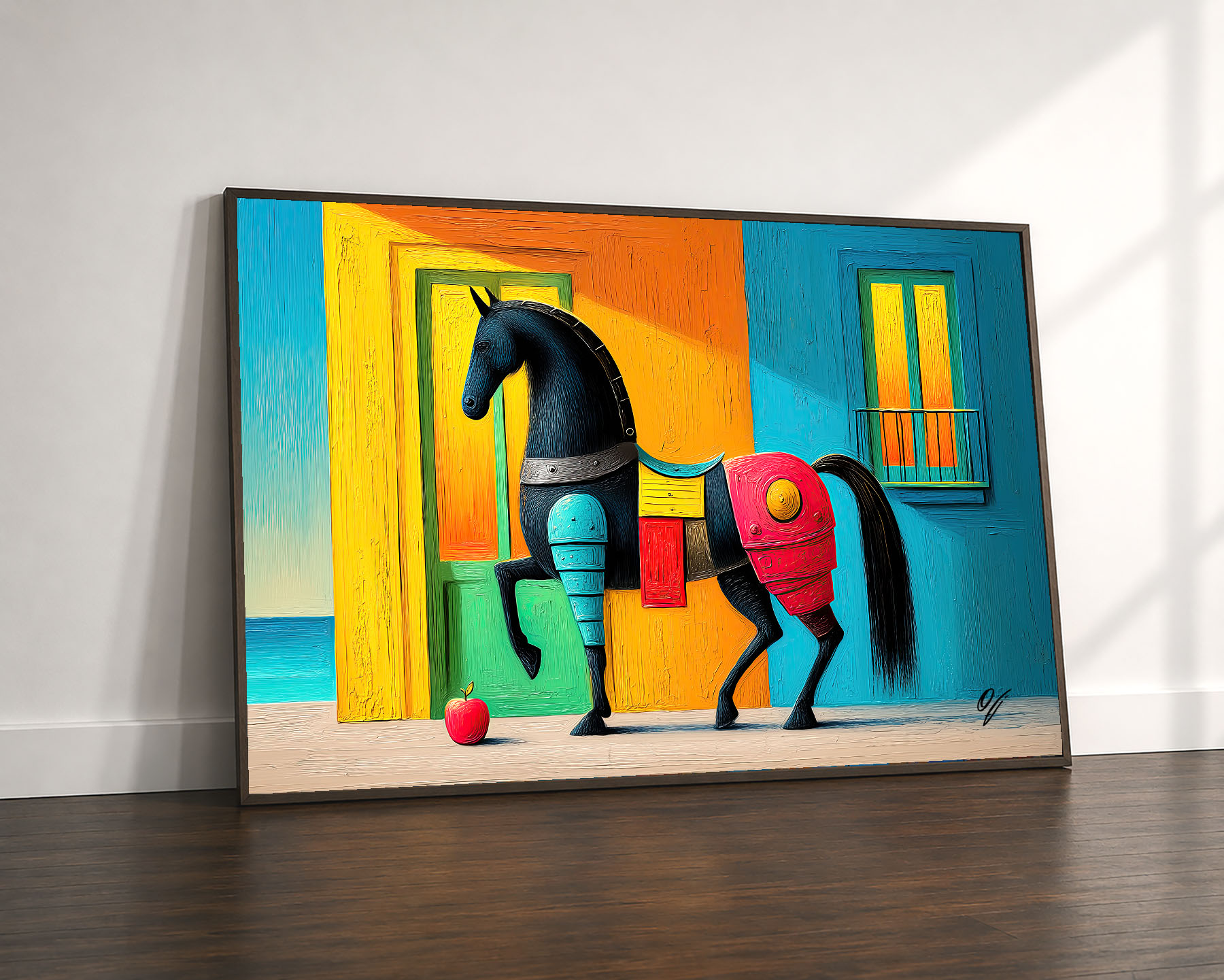 Echoes of Color colorful horse fine art canvas print displayed leaning against a white wall in a refined interior floor mockup.