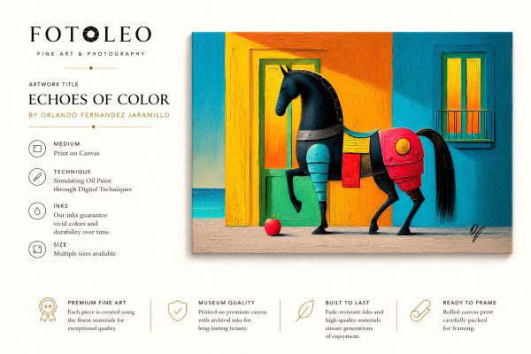 Echoes of Color colorful horse fine art canvas print with artwork title and FOTOLEO presentation.