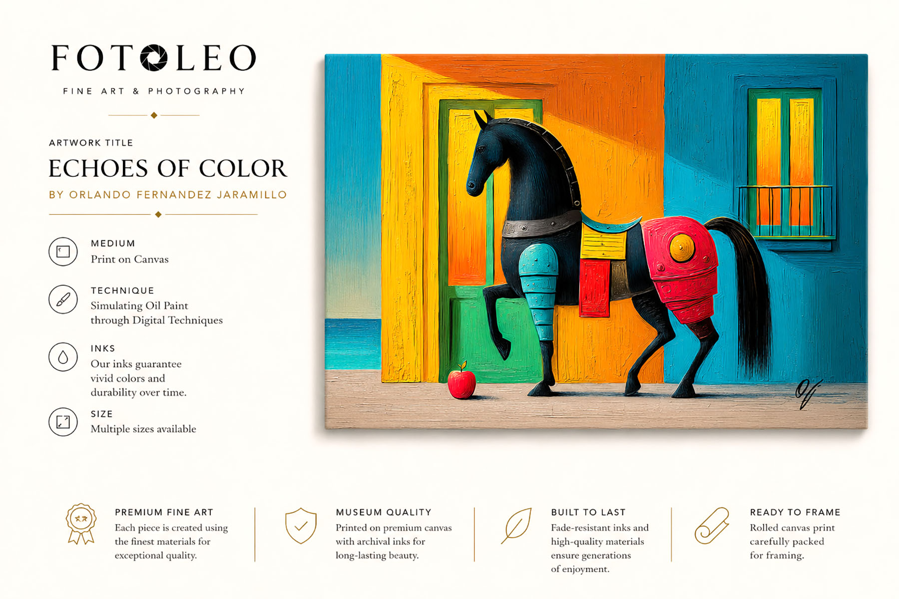 Echoes of Color colorful horse fine art canvas print with artwork title and FOTOLEO presentation.