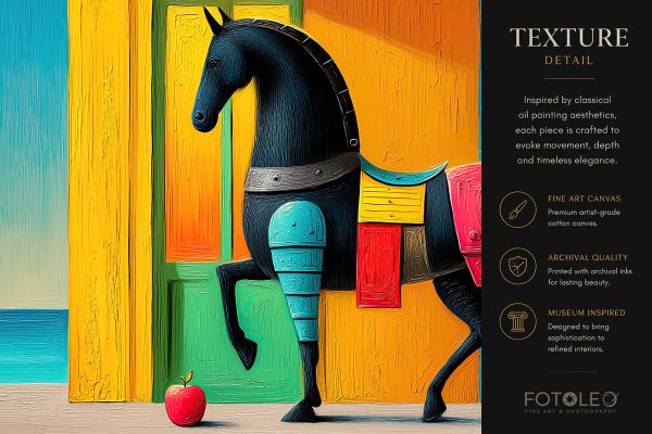 Close-up detail of Echoes of Color colorful horse fine art canvas print showing painterly texture, bold color, and refined symbolic details.