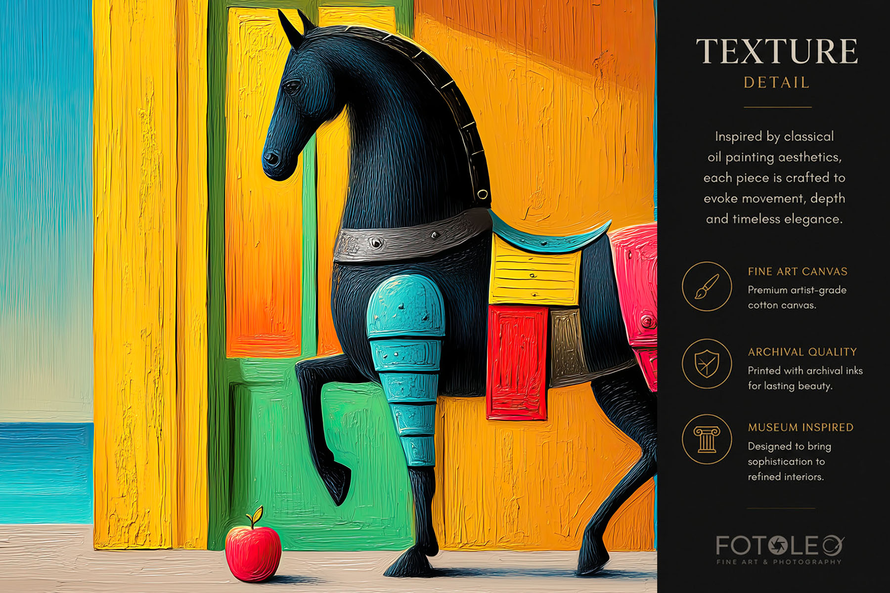 Close-up detail of Echoes of Color colorful horse fine art canvas print showing painterly texture, bold color, and refined symbolic details.