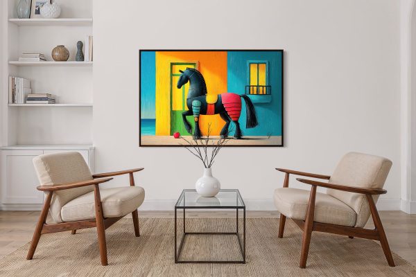 Echoes of Color colorful horse fine art canvas print displayed in an elegant modern interior room mockup.