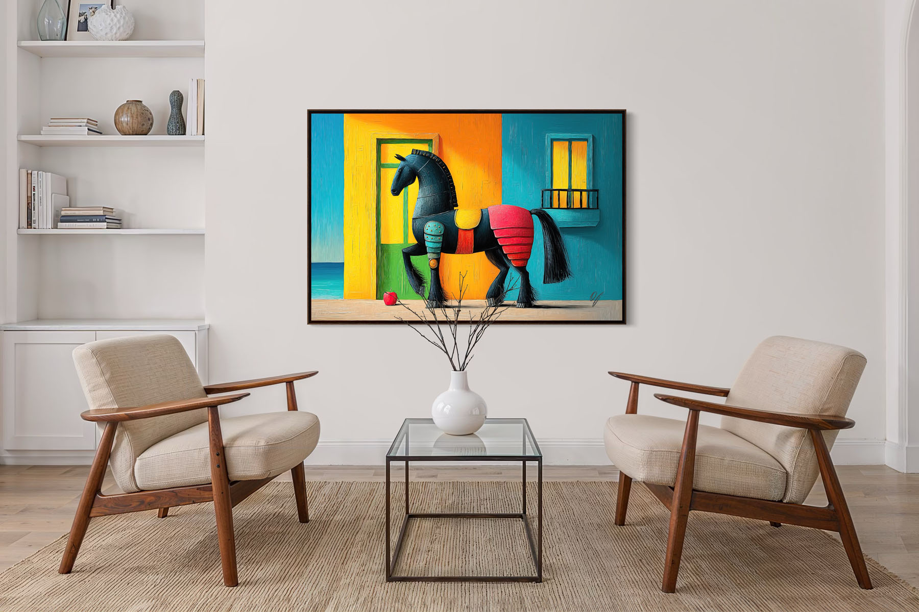 Echoes of Color colorful horse fine art canvas print displayed in an elegant modern interior room mockup.