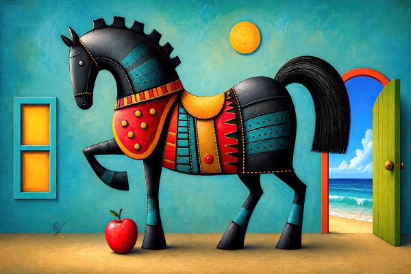 Sentinel of Dreams modern horse fine art canvas print by FOTOLEO, featuring a symbolic horse beside an open doorway to the ocean with color, imagination, and new horizons.