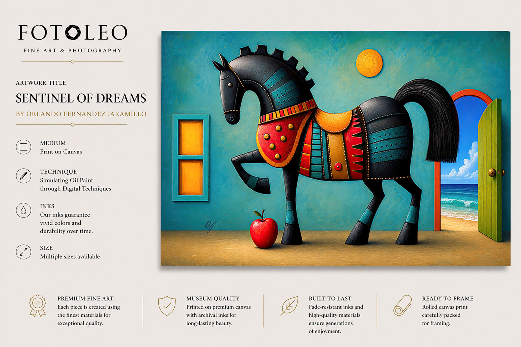 Sentinel of Dreams modern horse fine art canvas print with artwork title and FOTOLEO presentation.