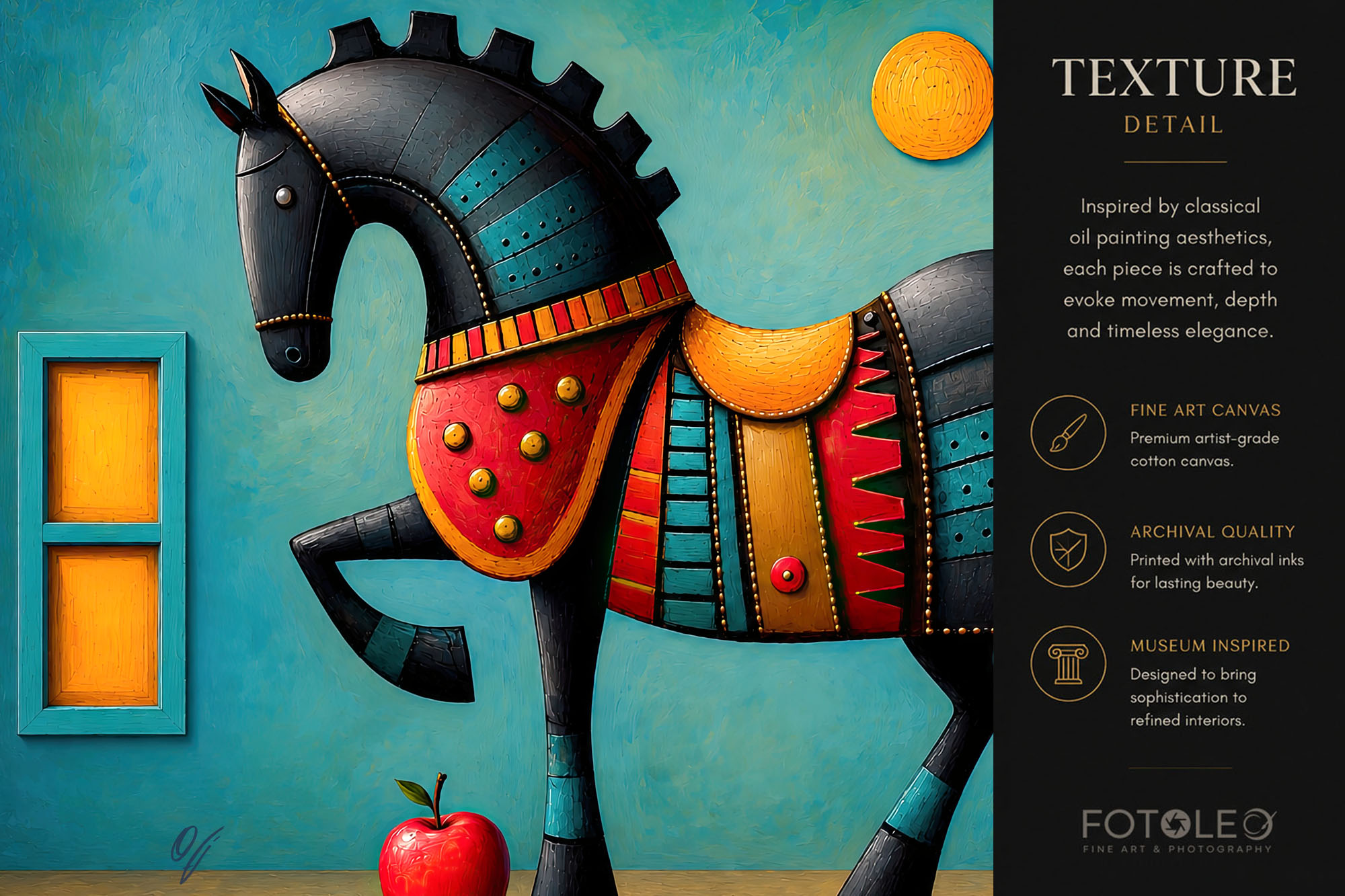 Close-up detail of Sentinel of Dreams modern horse fine art canvas print showing painterly texture, symbolic elements, and refined equine detail.